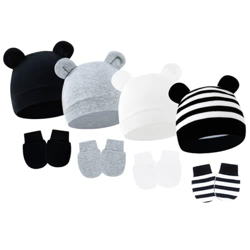 4 Pack Newborn Hats Mittens Set Bear Ears Preemie Hat Infant Hospital Mitten for Baby Boy Girl 0-6 Months