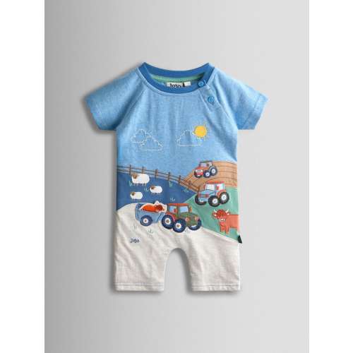 JoJo Maman Bébé Light Blue Tractor Appliqué Scene Romper