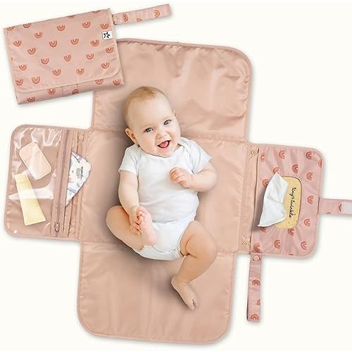 Tiny Twinkle Portable Diaper Changing Pad – Foldable, Waterproof & Compact Travel Changing Mat with Storage | Smart Wipes Pocket for On-The-Go Parents | Gift for Newborn Baby Girl & Boy(Boho Rainbow)