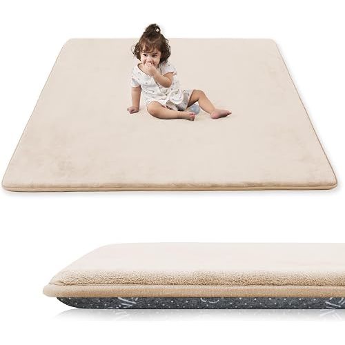 1.3" Thick Baby Play Mat for Floor, 79x79 Playpen Mat, Pro Soft Flannel Foam Mats Toddler Infant Kids Crawling for Nursery Rug Playroom Living Room Waterproof Easy Care Non-Slip (Beige)