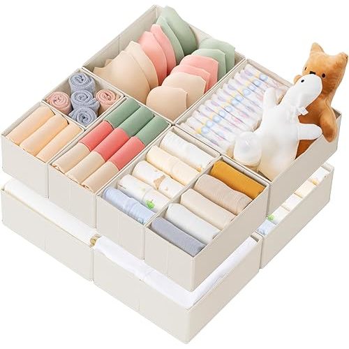 Criusia Drawer Organizer Clothes, 10 Pack Dresser Organizer for Baby Clothes, Underwear, Sock- Foldable Closet Organization and Storage Dividers Bins for Nursery, Bedroom (Oatmeal)