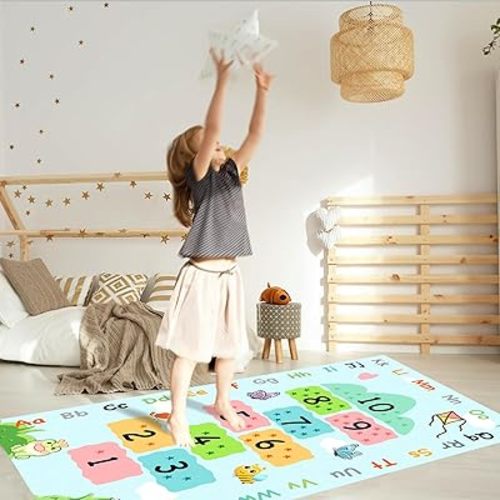 Cute Educational ABC Alphabets Hopscotch Rugs for Kids Room Playroom Bedroom, Chic Soft Hop & Count Numbers Learning Rug for Classroom, Washable Toddler Baby Nursery Carpet Rug 63"x31.5" Blue