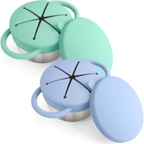 2-Pack Kids Stainless Steel Snack Containers, Spill Proof Silicone Lids Dual Handles Blue+Green