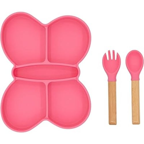 Baby Silicone Feeder Set, BabyX 3-pcs Butterfly-themed Baby Plate with Suction, Spoon and Fork for Babies Toddler Kids, BPA-Free, Baby Utensils Feeding Supplies, Microwave and Dishwasher Safe