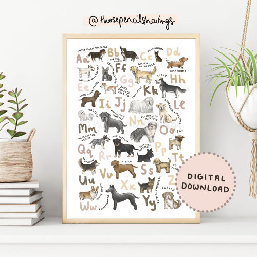 Dog Breeds Alphabet Print: A-Z Puppy Art (Digital Download)