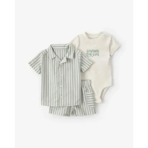 Baby Boy 3-Piece 'Living The Life' Striped Bodysuit & Short Set - Green/Cream | Carter's