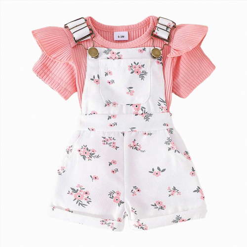 TOWED22 Baby Girls Clothes Set 2 Piece Summer Casual Cute Short Sleeve Rompers and Overalls Shorts 0-3 Years Toddler Outfits(Pink,6-9 M)