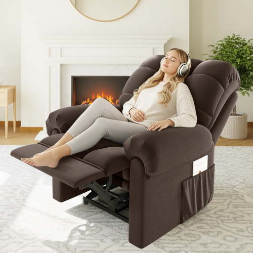Domusensus Power Recliner Chair with USB Port, Adjustable Electric Recliner with Tool-Free Assembly, Teddy Fleece, Heat Insulation & Side Pockets, Coffee
