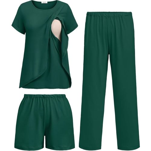 Ekouaer 3 PCS Maternity Nursing Pajamas Set Postpartum Breastfeeding Short Sleeve Shirts, Pregnancy Shorts & Pants Pjs S-XXL