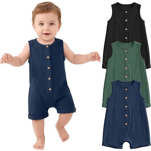 Halfchet 3 Pack Baby Boys Jumpsuit Cotton Newborn Romper Sleeveless Button Infant Playsuit Summer Outfit Clothes 0-24M