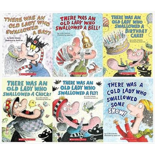 There Was an Old Lady Who Swallowed' Board Books Set (6 Board Books) - Swallowed a Birthday Cake, Bat, Bell, Some Snow, Fly, Chick