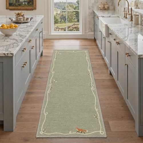 2X5 Runners for Hallways, Animal Woodland Fox Machine Washable Rug for Kitchen, Biomimetic Non Slip Low Pile Soft Rugs for Entryway, Playroom, Dusty Sage