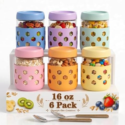 6-Pack 16 oz Overnight Oats Jars with Lids & Silicone Sleeves - Airtight Glass Mason Jars, Food Storage, Wide Mouth Meal Prep Containers for Chia Pudding, Yogurt, Berries & Snacks (Include Spoons)