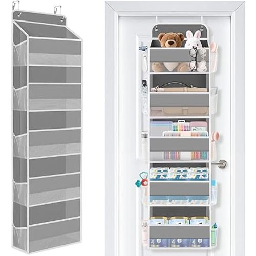 SpaceWhisper Over the Door Organizer, 5 Large Pocket Hanging Storage Organizer with 40lb Capacity, Space Saving for Nursery, Bathroom, Bedroom, Closet - Baby Essentials & Toiletry Organizer (Grey)