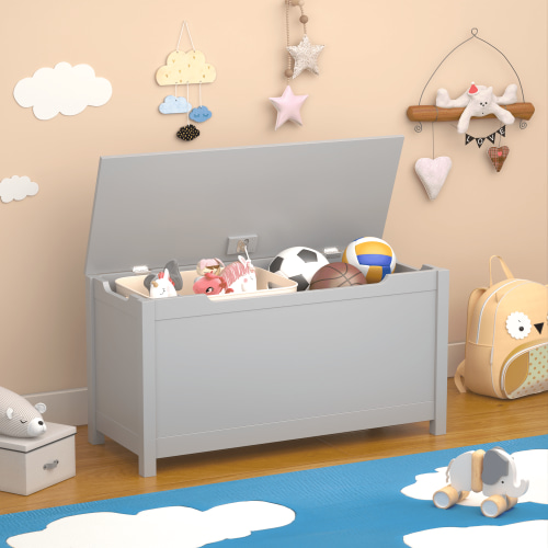 PORKISS Toy Box for Boys Girls, Wooden Kids Toy Chest with Storage Bench and Safety Hinged Lid, Modern Toy Storage Organizer for Living Room, Bedroom, Toddler Room, Gray