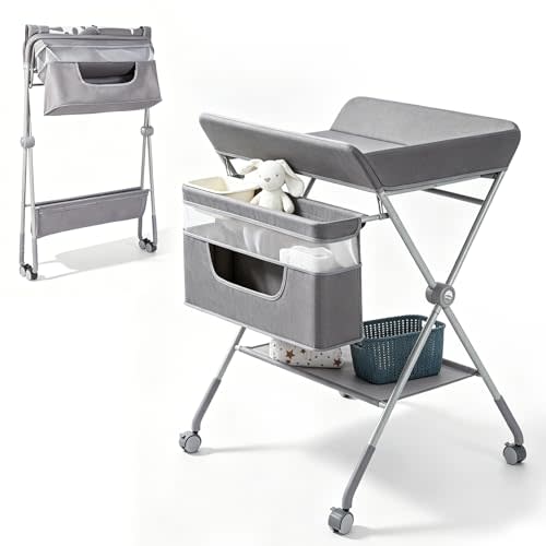 Baby Changing Table with Wheels, Portable Adjustable Height Folding Diaper Station with Nursery Organizer & Storage Rack for Newborn Baby and Infant