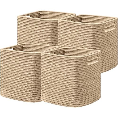 UBBCARE Set of 4 Storage Basket-13 X 13 X 13 In, Cotton Rope Basket for Shelves, Toys, Book, Cube Storage Bins with Handles, Woven Storage Basket for Organizing, Brown