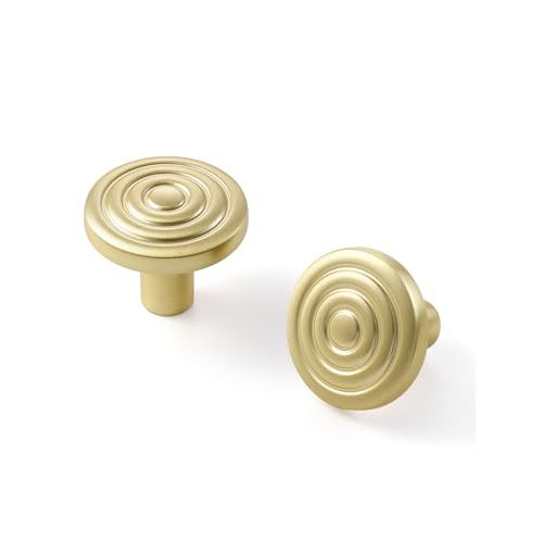 2 Pack Gold Cabinet Knobs Round Brushed Brass Drawer Pulls Circle Bathroom Dresser Handles Hardware Zinc Alloy
