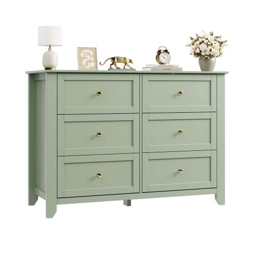 Modern Wide 6 Drawer Dresser for Bedroom – Deep Storage Wooden Chest, Metal Knobs, Spacious Clothes Organizer for Closet, Nursery, Living Room, Entryway – FruitTech Green
