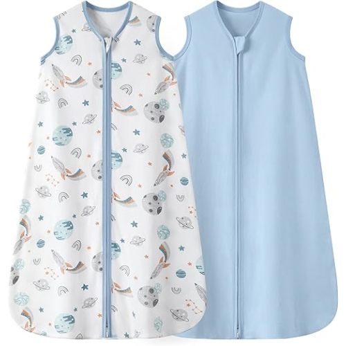 Nyessmee Baby Sleep Sack 0-6 Months 0.5 TOG, 100% Cotton Baby Wearable Blanket 2 Pack with 2-Way Zipper, Lightweight Sleep Bag for Boys ＆ Girls Newborn Infant Breathable Sleeing Sack Blue Rokets