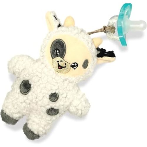 RaZbaby RaZbuddy LuLu Plush Pacifier Holder with Detachable JollyPop Pacifier, 0M+, 100% Medical Grade Silicone, Machine Washable Designer Stuffed Animal (Cow)