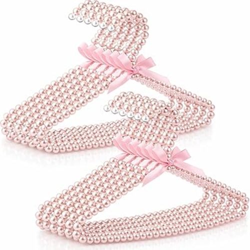 Threan Pink 12 Pcs Pearl Beaded Clothes Hanger Mini Pearl Beads Small Metal Clothes Hangers with Ribbon Standard for Kids Baby Children Pet Dog