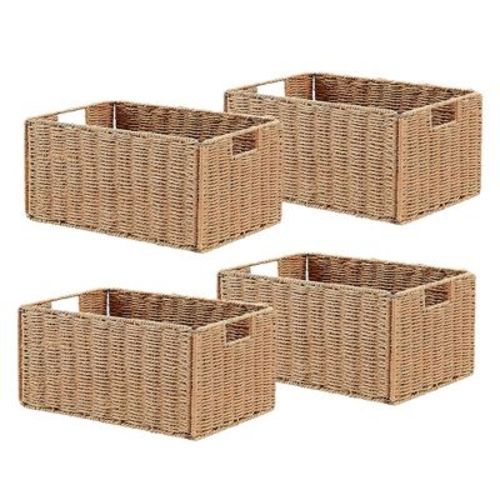 4 Pcs Multipurpose Foldable Storage Baskets, Paper Rope Woven with Handles, Space-Saving for Living Room, Office & Bath Organizing, Natural