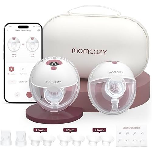 Momcozy M5 Smart APP Controlled Wearable Breast Pump, Hands-Free Wireless Electric Pump, 3 Modes 9 Suction Levels, BPA-Free, Portable Lightweight, 24mm Flange, 2-Pack Quill Gray