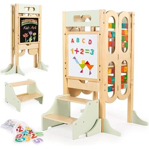 aiwo 10-in-1 Foldable Toddler Tower, Kitchen Tower with 2-Step Stool