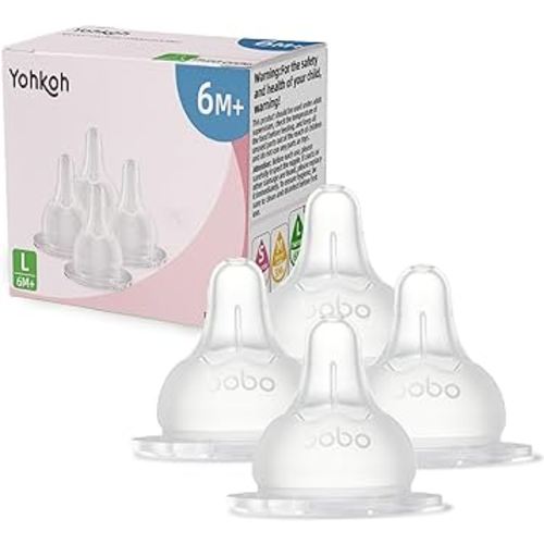 YOHKOH Baby Bottle Nipples for Wide Neck Bottles, 100% Natural Feel Silicone Nipples, BPA-Free (6m+, L, 4 Counts)
