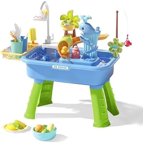 Play Sink with Running Water, Toddler Water Table with Automatic Water Cycle System, Water Table for Toddlers Fishing Kitchen, Role-Play Sand Water Table for Kids Ages 4-8 Kids Gift Toy (Blue)