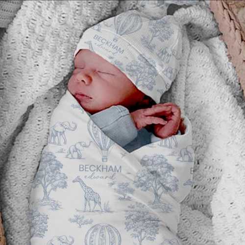 Safari Baby Swaddle Set: Light Blue Toile Nursery Blanket