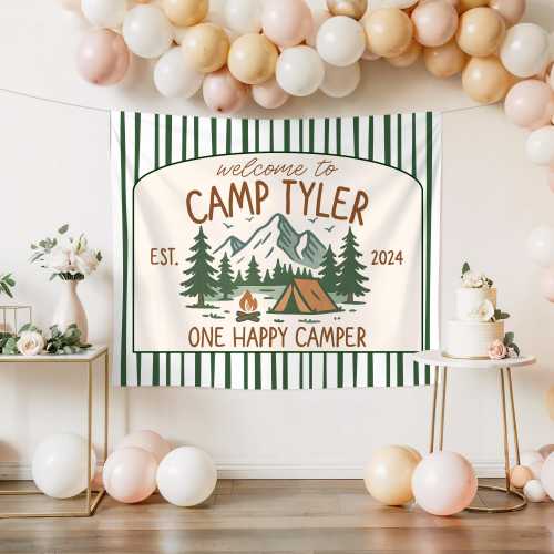 One Happy Camper Birthday Party Backdrop Camping First Birthday Theme Hiking Party Decorations Wild One 1st Birthday Photo Custom Banner