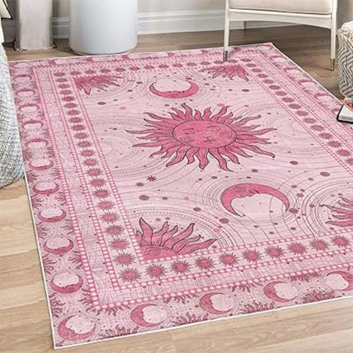 Ambesonne Sun and Moon Decorative Rug, Bohemian Artwork Design of Crescent Solar Ornament Esoteric Stars Ornaments, Quality Carpet for Bedroom Dorm and Living Room, 4' X 5' 5", Pink