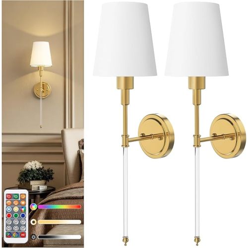 DORESshop Battery Operated Wall Sconce Set of 2, Wall Light Wireless Easy to Install, Dimmable and Adjustable Sconce Wall Decor, Rechargeable Wall Lamp for Bedroom, Living Room, Gold and Glass 24.6in