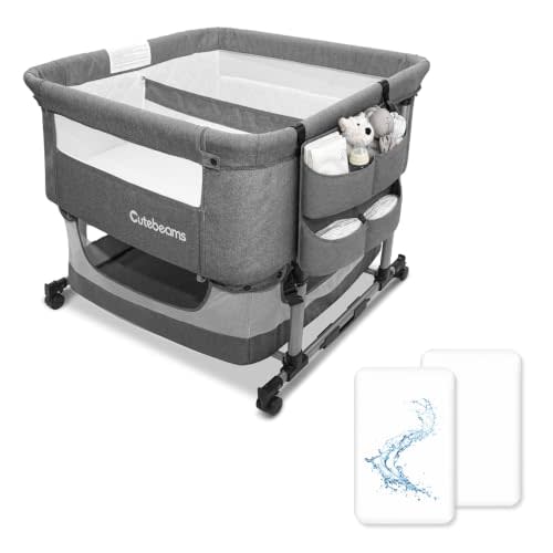 Twin Bassinet with 2 Waterproof Sheets & Hanging Diaper Organizer | Bedside Double Bassinet for Twins, Rocking Bassinet for Baby with Storage Basket, Includes Mattress