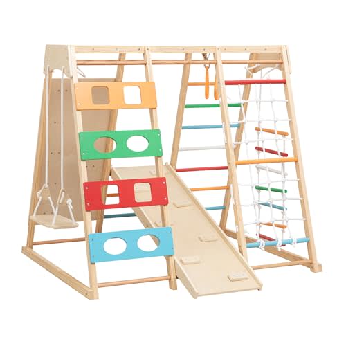MulinsonFly 9-in-1 Toddler Indoor Jungle Gym & Playground Set, Wooden Climbing Toy with Slide, Swing, Climbing Net, Rings – Montessori-Inspired Kids Playset for Indoor Fun & Development, Ages 3-8
