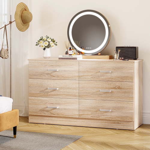 Meteorleg 6 Drawer Double Dresser,47.3'' Wide Chest of Drawers with Metal Handles,Storage Cabinet for Bedroom,Oak