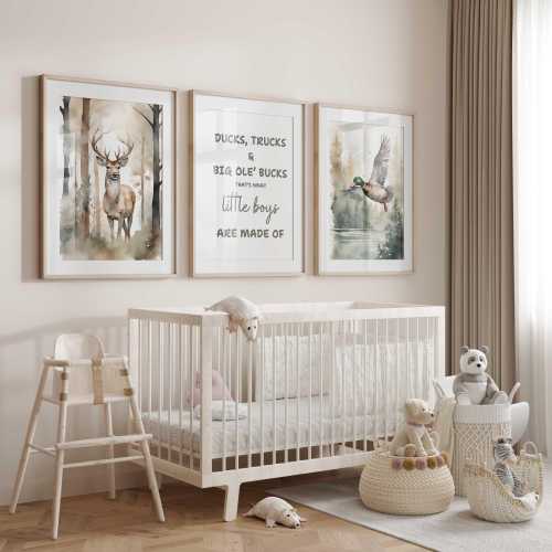 Watercolor Duck & Deer Nursery Prints: Boy Hunting Decor, Set of 3