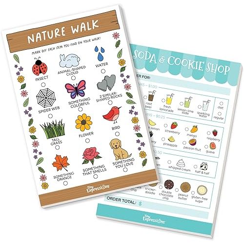Tiny Expressions Kids Imaginative Play Notepads – 40 Pages Order-Taking Soda & Cookie Shop Notepad & 40 Pages for Nature Walk Scavenger Hunt – Imaginative Role Play, Playtime Notepads