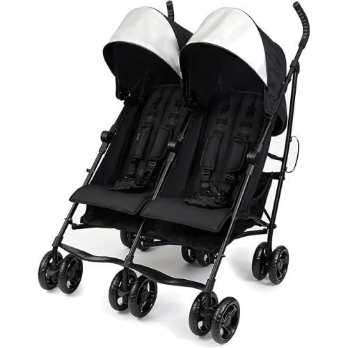 Summer Infant 3Dlite Folding Lightweight Side by Side Double Stroller with 5-Point Safety Harness for Infants and Toddlers, Black