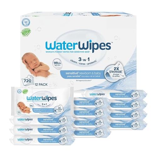 WaterWipes Sensitive+ Newborn & Baby Wipes, 3-In-1 Cleans, Cares, Protects, 99.9% Water, Unscented & Hypoallergenic, 720 Count (12 Packs)