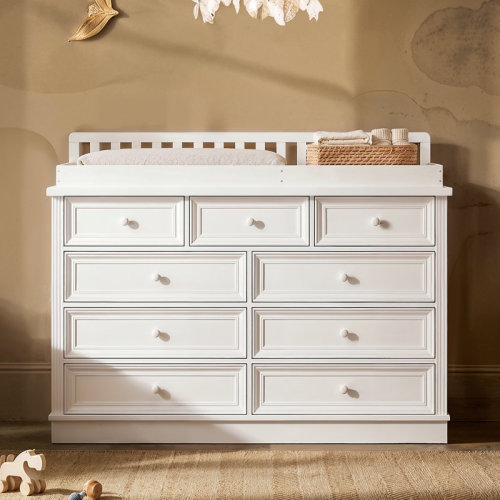 One Allium Way® 55.1'' W 100% Solid Wood 9-Drawer Changing Table Dresser In White | Wayfair