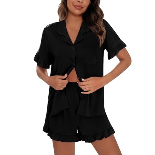 SWOMOG Woman Pajama Set Short Sleeve Pjs Set 2Pcs Short Pajamas Button Down Ruffle Hem Sleepwear Soft Modal Loungewear