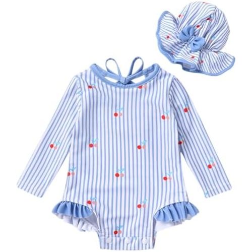 YOUNGER TREE Infant Baby Girls Swimsuit Long Sleeve Swimsuits One Piece Swimsuit Solid Color Bathing Suit with Hat, UPF 50+