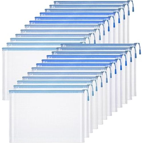 24 Pack Blue Mesh Zipper Pouch Bags, A4 Size Clear Mesh Zipper Storage Bags Bulk for School Office Organization