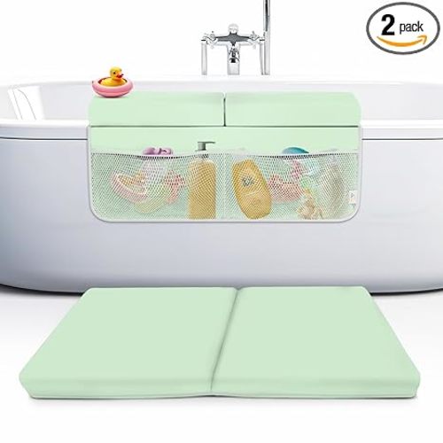Bath Kneeler and Elbow Rest Pad Set, 2-Inch Thick, Memory Foam, Water-Resistant Mat – Baby Bath Time Essentials Cushion and Bath Kneeling Pad for Bathing Baby with Bathtub Toy Organizer (Mint Green)