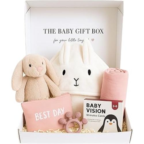 New Baby Gift Basket Set with Adorable Newborn Essentials for Baby Girl and Boy | Quality Baby Shower Gift Baskets with Soft Swaddle Blanket | Cutest Newborn Gift Set, Gift-Ready Packaging (Pink)