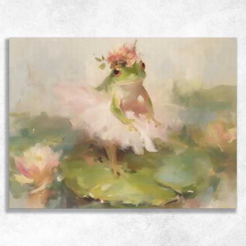 Tiny Frog Ballerina on Lily Pad Canvas Wall Art, Pastel Balletcore Nursery Print with Pink Tutu and Rosebud Crown, Vintage Decor