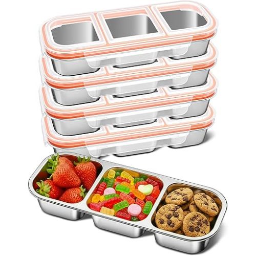 QCQHDU Snack Containers, Reusable Stainless Steel 3 Compartment Condiment Metal Bento Lunch Box with Lids, Divided Snack Food Storage Lunchable Containers for Home, Work, Travel, Camping, 5 Pack